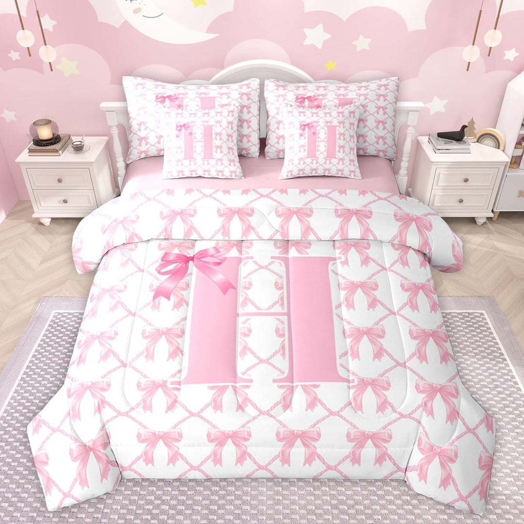 jejeloiu Letter H Monogrammed 7-Piece Twin Bedding Sets,Cartoon Bow Tie Bedding Comforter Set,Pink Bowtie Ribbon Sheet Sets For Girls,Microfiber Room Decorative Reversible