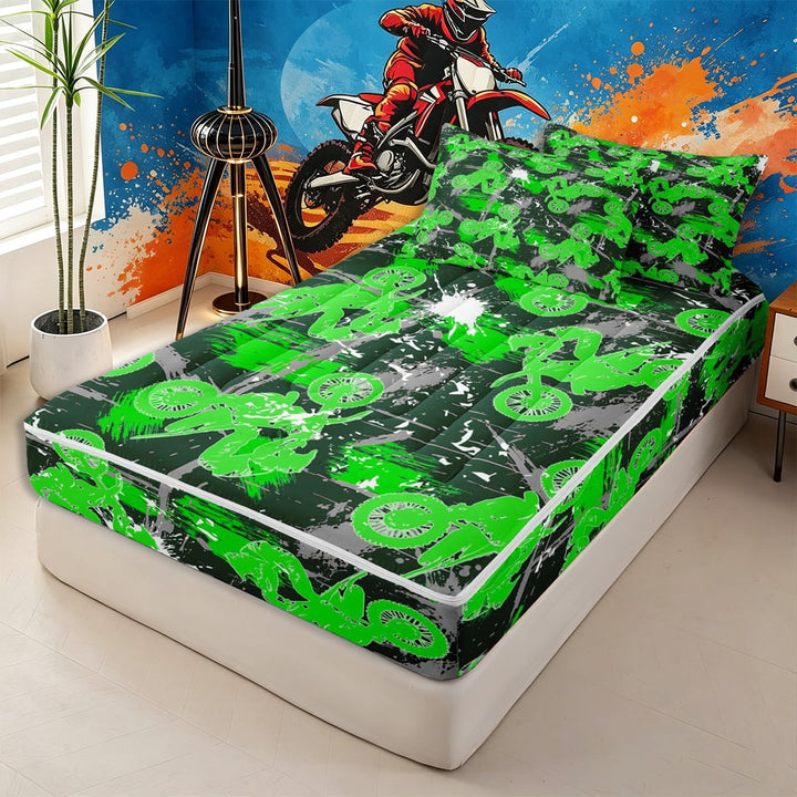meiyoeat Dirt Bike Pattern Zipper Twin Comforter Sets with Fitted Sheet and 2 Pillowcases for Boys,Graffiti Art Zipper Bedding Set for Bedroom,Green Gray,Reversible