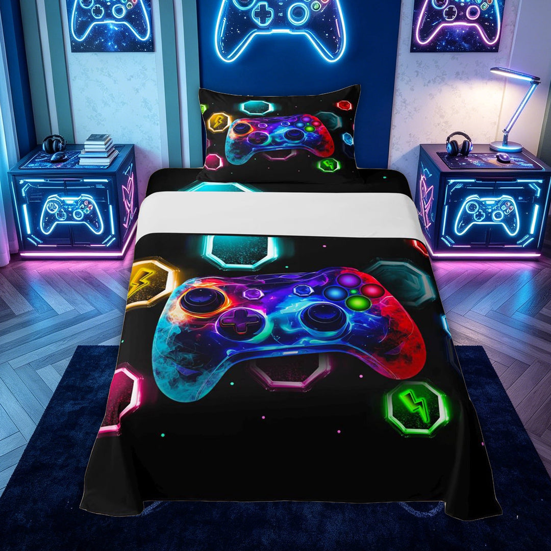 meiyoeat Neon Gamepad Gaming Bed Sheets for Kids Boys, Gamer Controller Full Size Sheets for Bedroom, Black, 4 Pieces