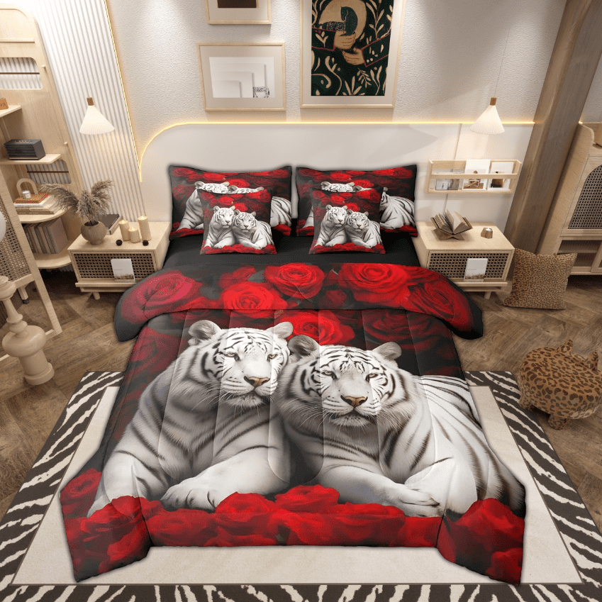 White Tiger Bed in a Bag Queen Comforter Set 7 Piece,Red Rose Bedding Sets Romantic Flowers Wild Animal Bed Set,Big Cat African Safari Animals Sheet Set with Comforter