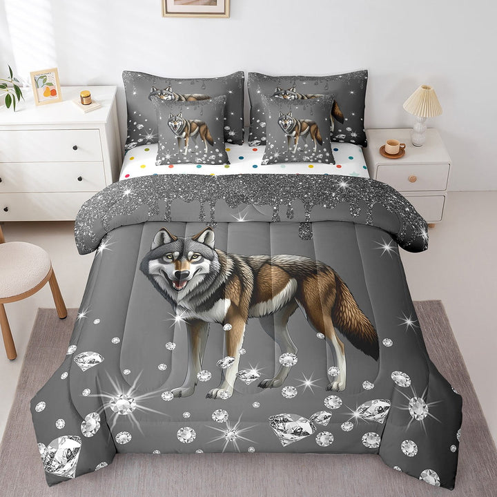 Erosebridal 3D Wolf Bedding Sets Twin Size, Chic Glitter Print Comforter Sets with Sheets, Jungle Wildlife Decor, Reversible 7pcs