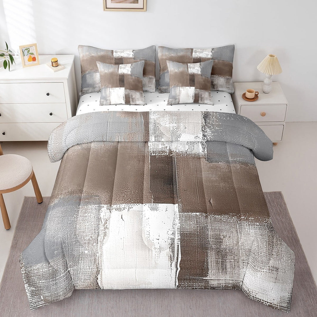 Erosebridal Brown White Grey Bed in a Bag 7 Pieces Graffiti Bedding Comforter Sets with Flat Sheet and Fitted Sheet, Watercolor Full Bedding Sets with Pillowcases and Throw Pillow Covers