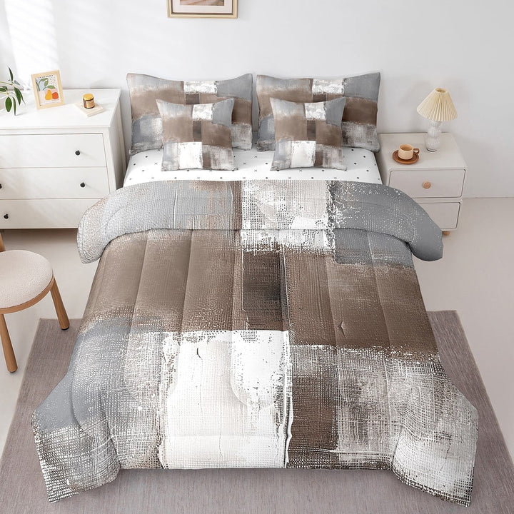 Erosebridal Brown White Grey Bed in a Bag 7 Pieces Graffiti Bedding Comforter Sets with Flat Sheet and Fitted Sheet, Watercolor Full Bedding Sets with Pillowcases and Throw Pillow Covers