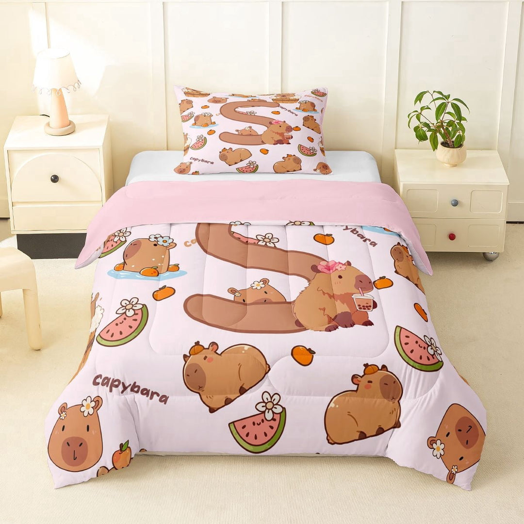 Erosebridal Kawaii Capybara Letter Monogrammed S Twin Comforter Sets 3-Piece For Boys Girls,Cute Food Fruit Food Animal Bedding Set For Kids,Pink Reversible