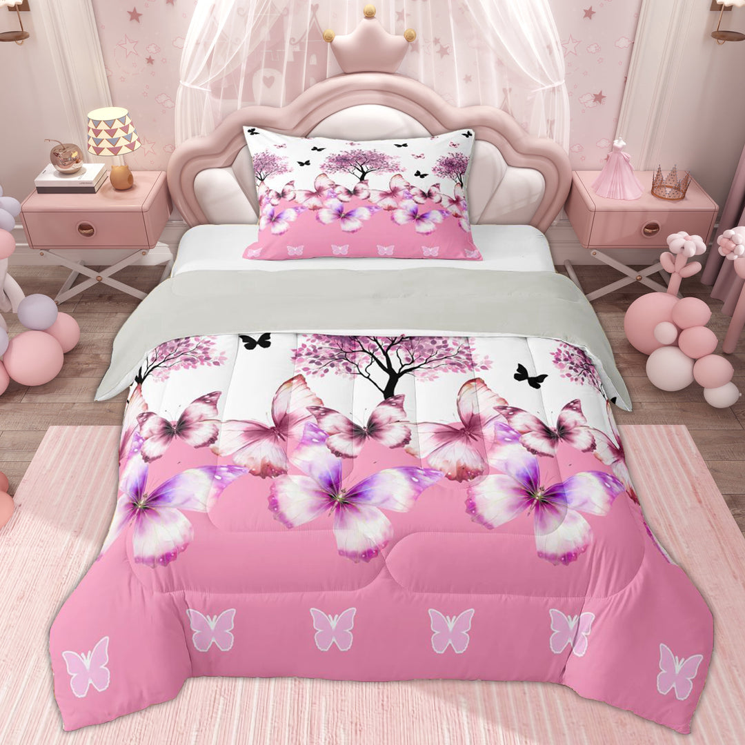 Erosebridal Kid Dreamy Butterfly Twin Comforter Sets, Pink Flower Tree Bedding Set, 2 Pieces