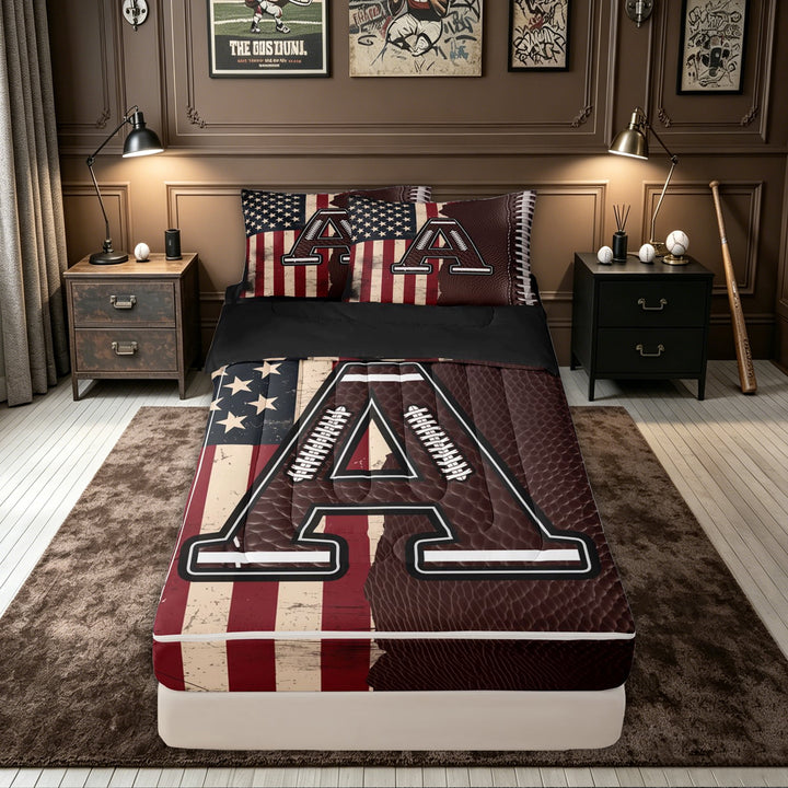 meiyoeat Football A Initial Zipper Twin Comforter Sets with Fitted Sheet and 2 Pillowcases for Boys, USA Flag Monogram Zipper Bedding Set, Brown Red, Black Reversible, 4 Pieces