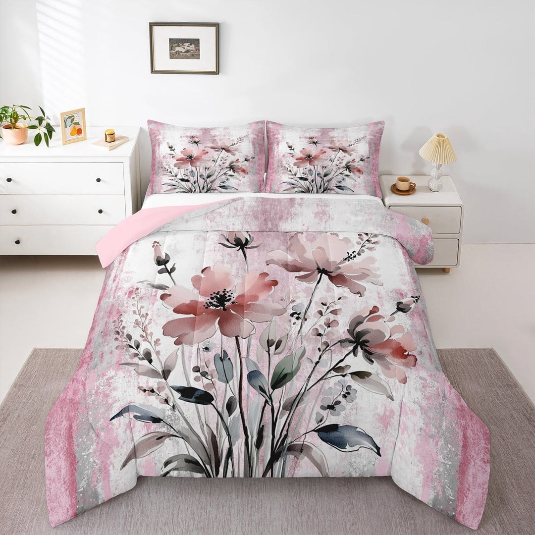 Erosebridal Groovy Floral Comforter Sets King Size, Watercolor Flower Comforters &amp; Duvets, Rustic Plant Reversible Bedding King Comforter Set, Microfiber Room Decoration, 3pcs