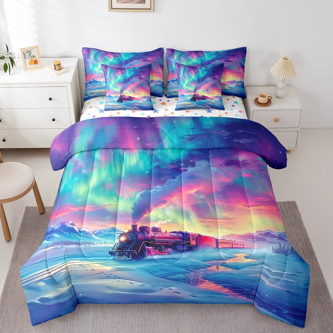 Train Bed In A Bag 7 Pieces Retro Steam Engine Twin Comforter Set Railway Track Transport Bedding Set,Galaxy Stars Iridescent Comforter Transportation Vehicles Fitted Sheet
