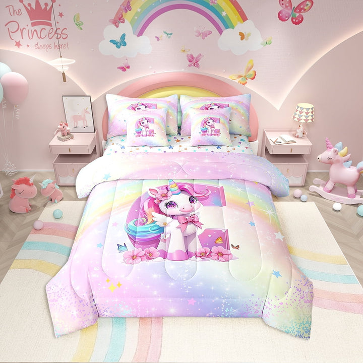 Erosebridal Pink Unicorn Bed in a Bag Twin size, Initial C Letter Bed Set, Cartoon Animal Decor, Reversible