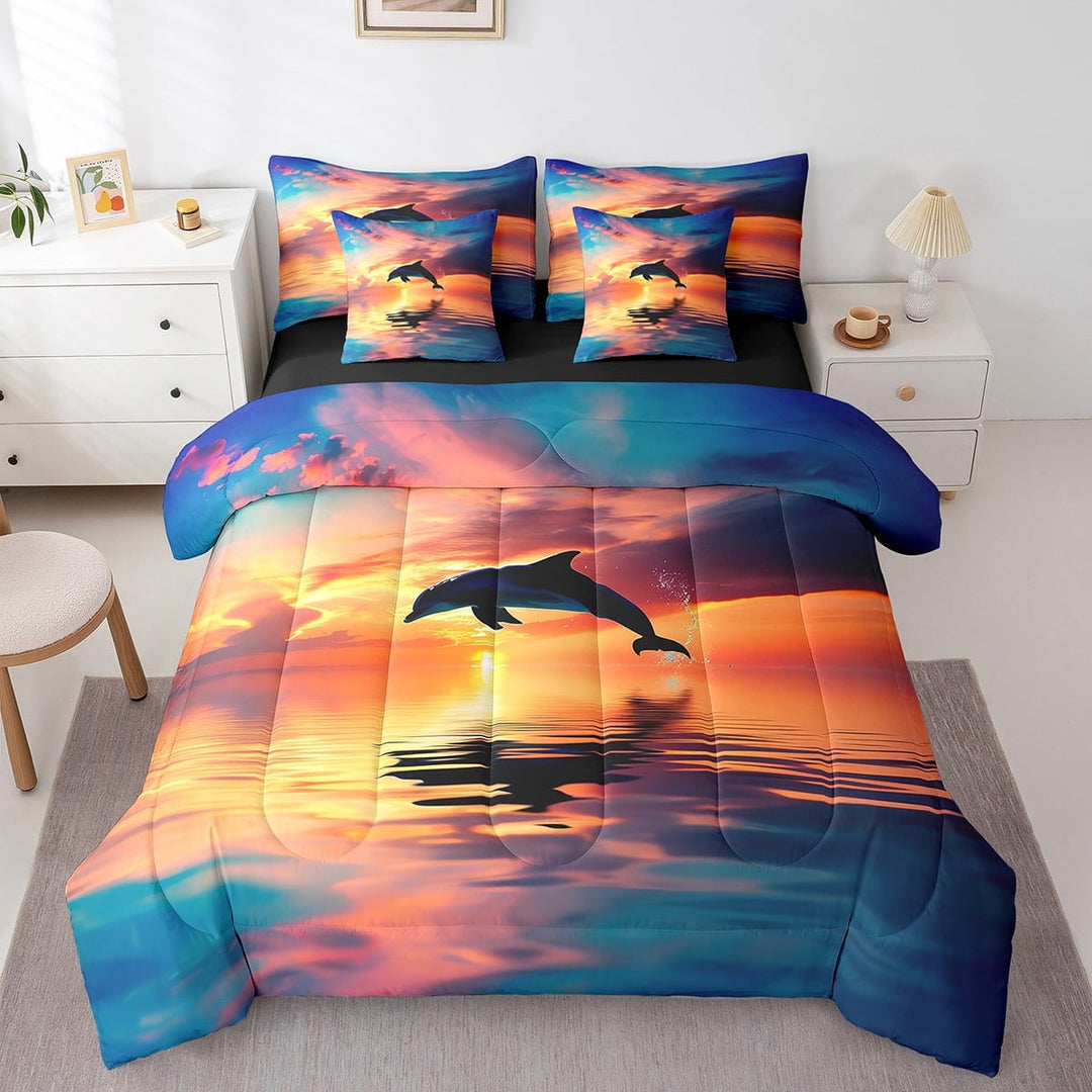 7 Pcs 3D Dolphin Bedding Sets Blue Ocean Quilt with Flat Fitted Sheet Queen Coastal Animals Bed In A Bag Sunrise Ocean Landscape Comforter Set