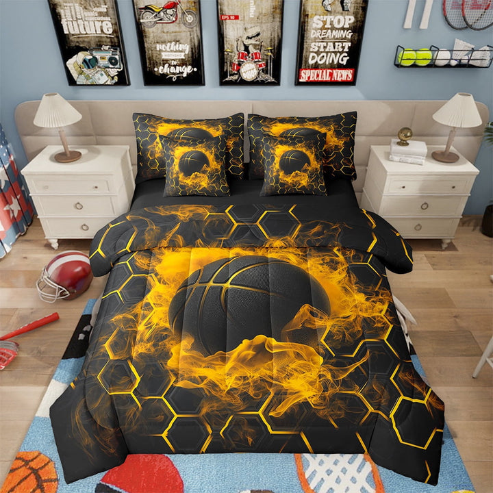 Basketball 7 Piece Bed in a Bag Queen,Gold Neon Honeycomb Bedding Set Bed Sheets Teens,Ball Game Lovers Comforter Set,Geometric Sports Theme Sheet Set with Comforter