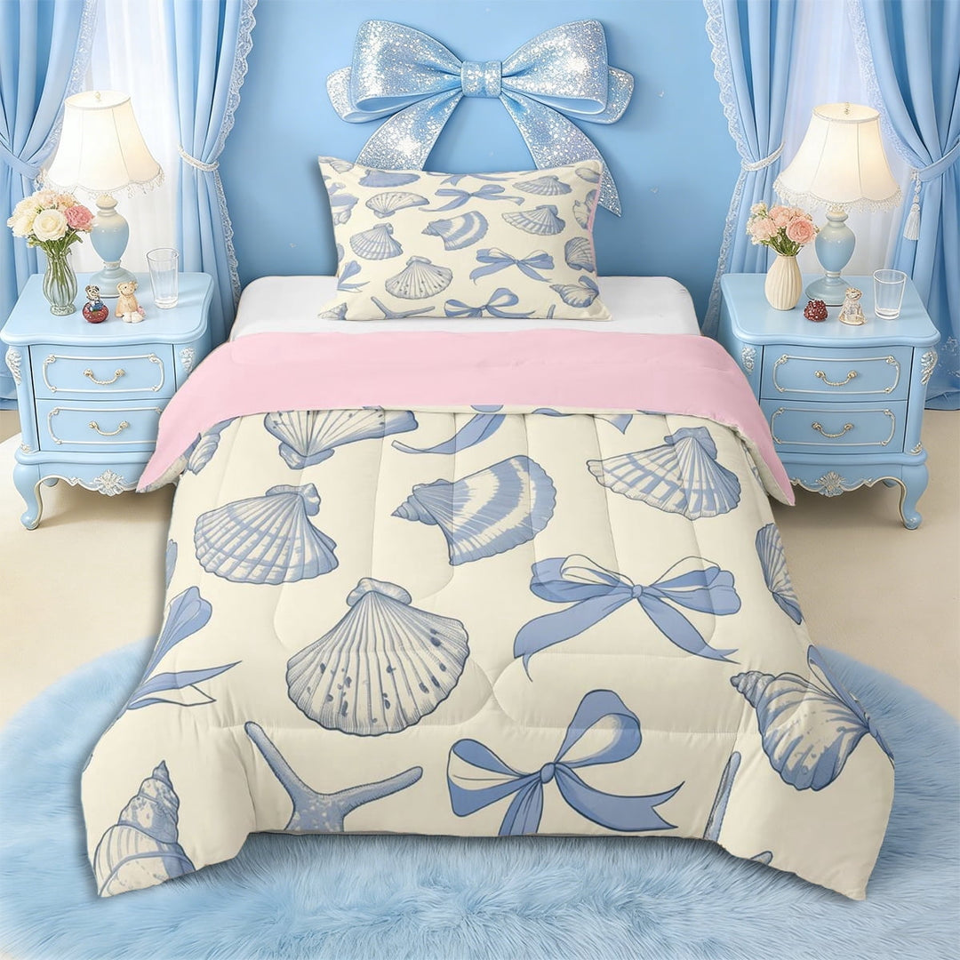 Erosebridal Girls Blue Ribbon Bow Twin Comforter Sets 3-Piece,Ocean Seashell Bedding Set for Teens Women,Pink Reversible,Ultra Soft Home Decor