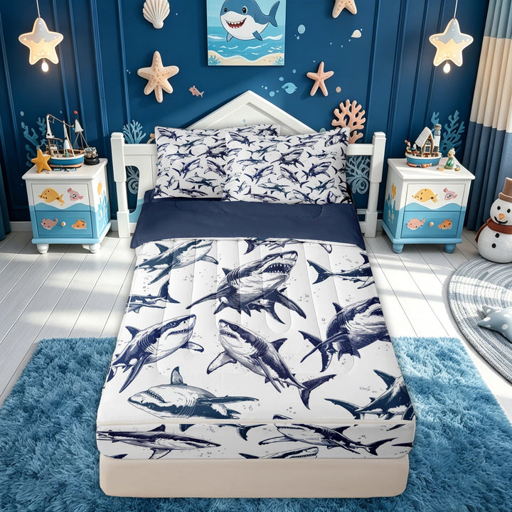 meiyoeat Navy Line Art Shark Ocean Zipper Comforter Set with Fitted Sheet and 2 Pillowcases for Men Women Kids, Retro Sea Wildlife Zipper Bedding Set,, Blue Reversible, 3 Pieces