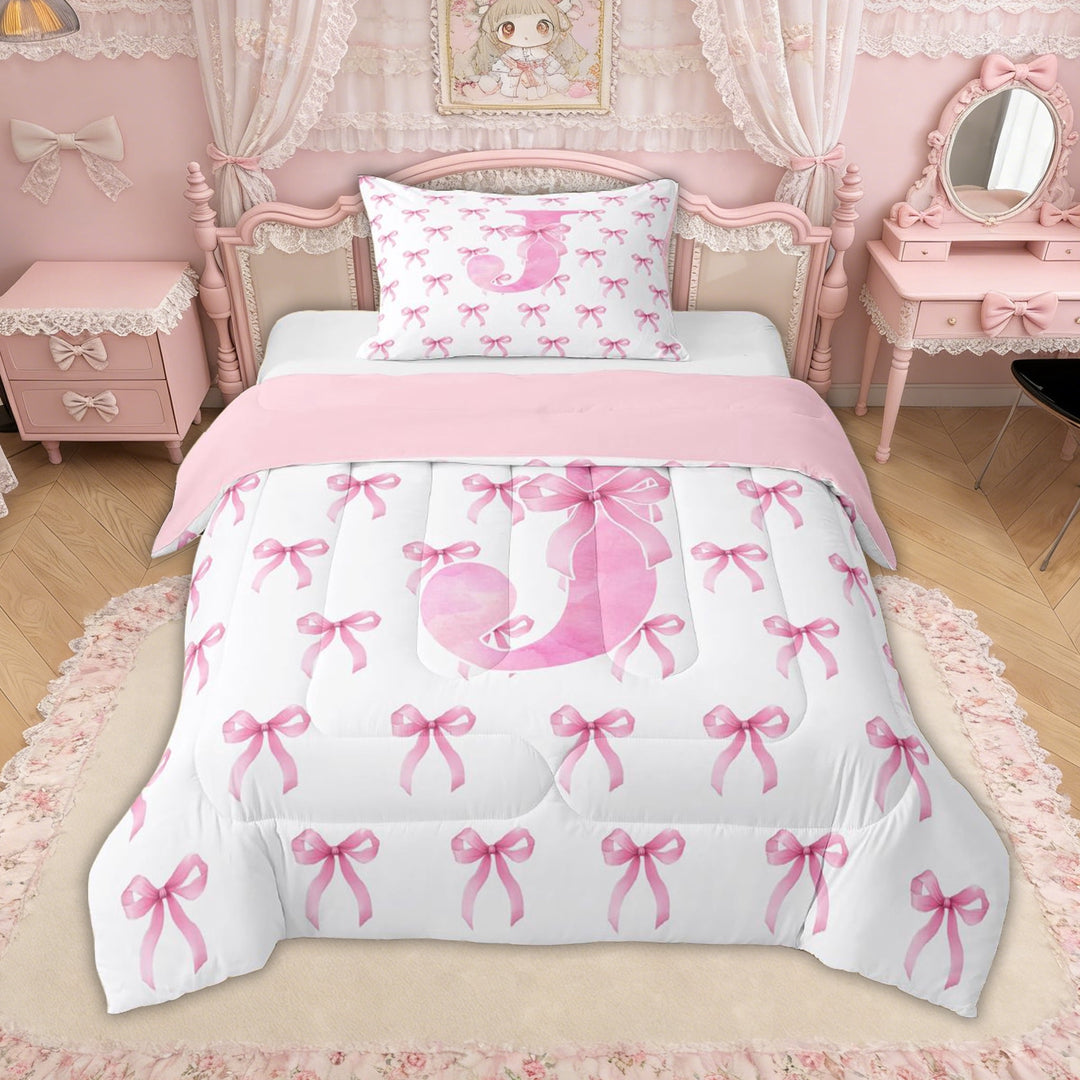 Erosebridal Pink Bow Letter J Twin Comforter Sets for Girls, Pink Letter Bow Bedding Set for Women, Pink Reversible, 2 Pieces