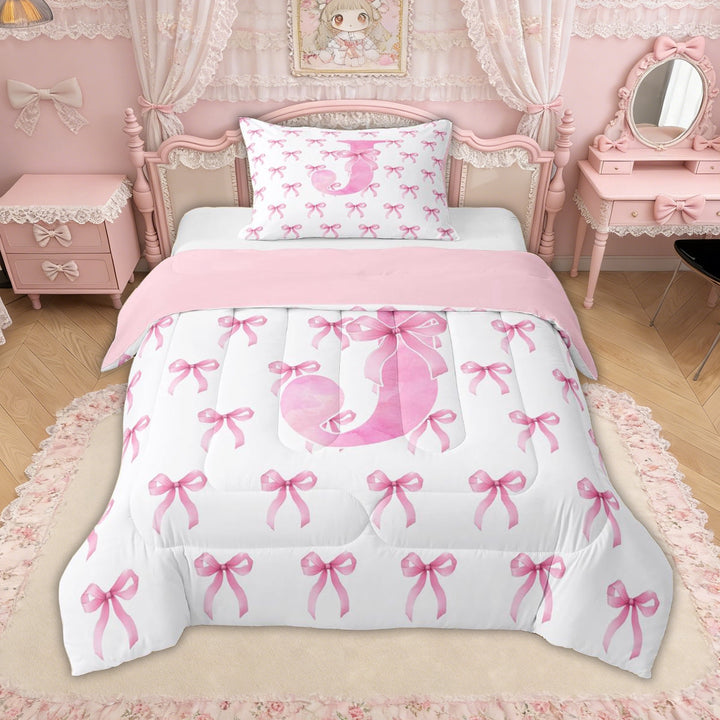 Erosebridal Pink Bow Letter J Twin Comforter Sets for Girls, Pink Letter Bow Bedding Set for Women, Pink Reversible, 2 Pieces