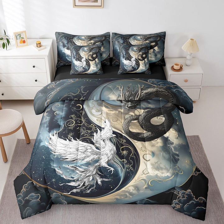 Dragon Bedding Set 7 Pieces Bed In A Bag,Japanese Ukiyoe Comforter Exotic Animal Full Size Ancient Loong Phoenix Sheet Set Teen Bedroom, Yin Yang Comforter Set With Sheet