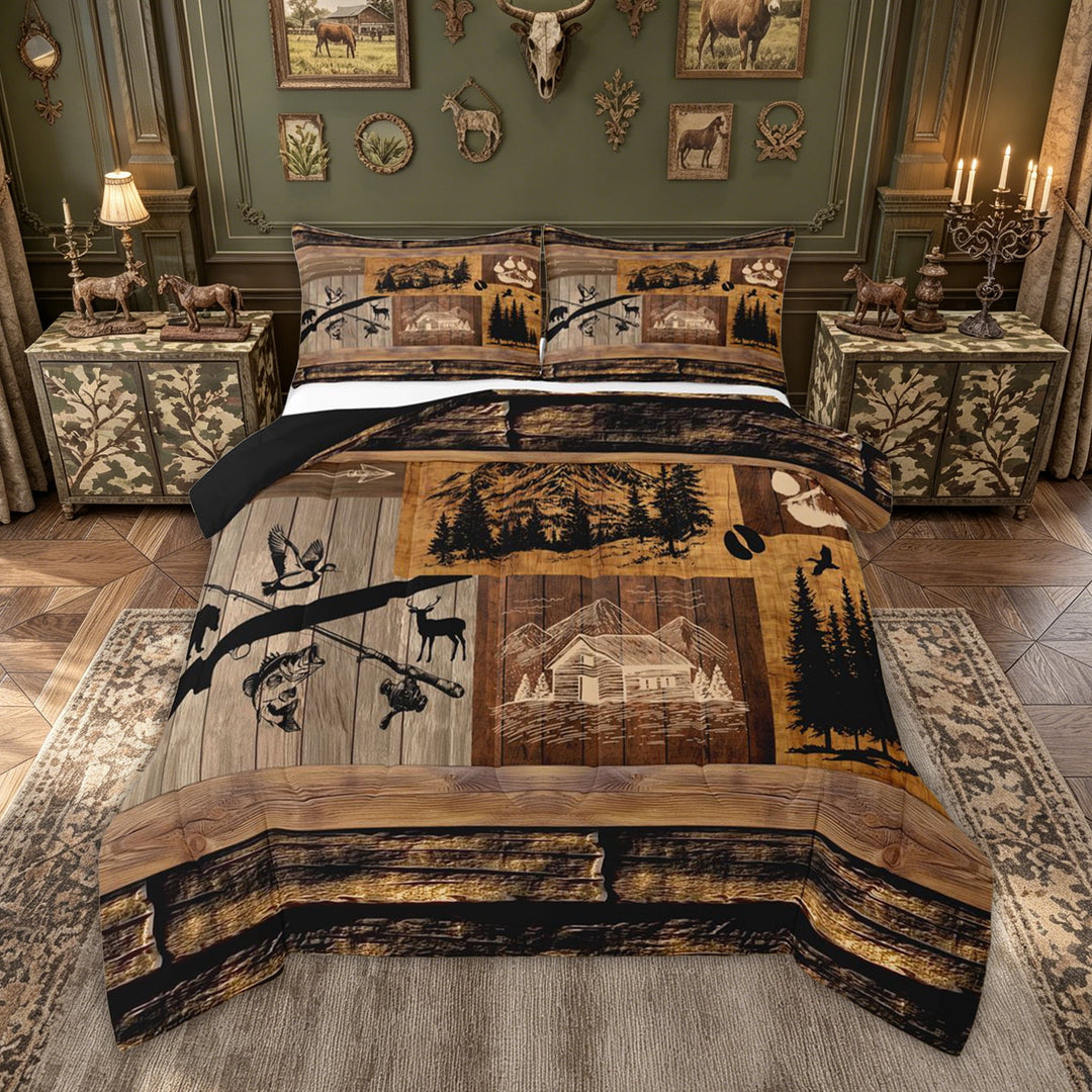 meiyoeat Rustic Forest Fishing Full Size Comforter Sets for Men, Wooden Lake House Bedding Comforter Set, Brown, Black Reversible, 3 Pieces, 1 Comforter and 2 Pillowcases