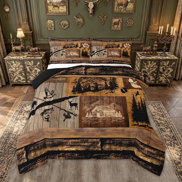 meiyoeat Rustic Forest Fishing Full Size Comforter Sets for Men, Wooden Lake House Bedding Comforter Set, Brown, Black Reversible, 3 Pieces, 1 Comforter and 2 Pillowcases