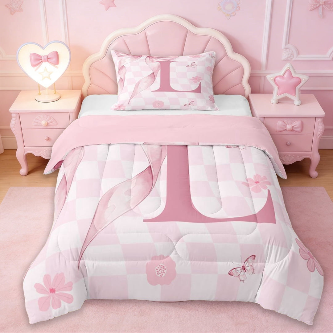 Erosebridal Pink Cute Flowers Twin Comforter Sets,Girls Personalized Initial Letter L Bedding Set For Kids,Reversible pink,2-Piece