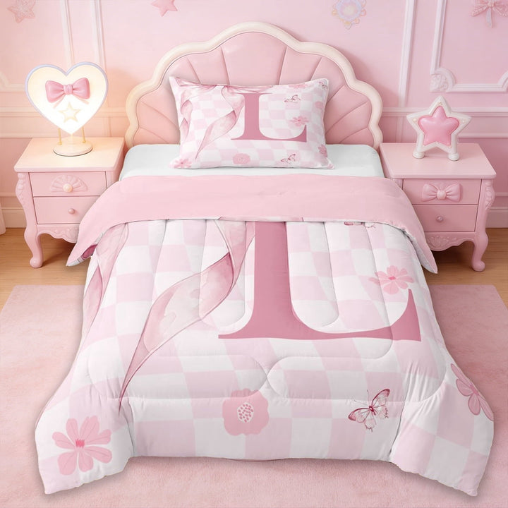 Erosebridal Pink Cute Flowers Twin Comforter Sets,Girls Personalized Initial Letter L Bedding Set For Kids,Reversible pink,2-Piece