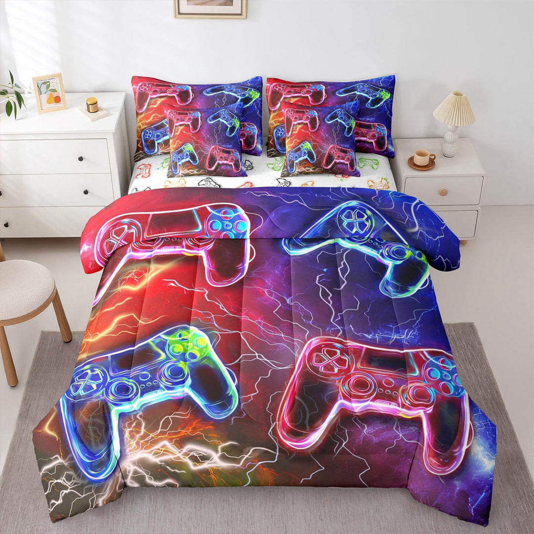 Gaming Comforter Set 7 Piece Bed in a Bag Twin,Gamer Bedding Sets Red Blue Lightning Sheet Set with Comforter Gamer Room Decor