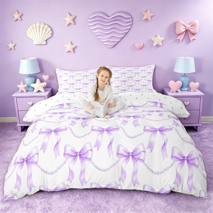 Erosebridal Cute Coquette Bowknot Queen Duvet Cover Set,Purple Kawaii Bowtie Bedding For Bow Lovers,Reversible,3pcs(No Comforter)