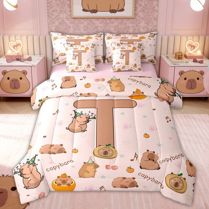 Erosebridal Monogrammed T Kids Twin Bedding Sets, Capybara Girls Bedding Comforter Set, Pink Reversible, 7-Piece
