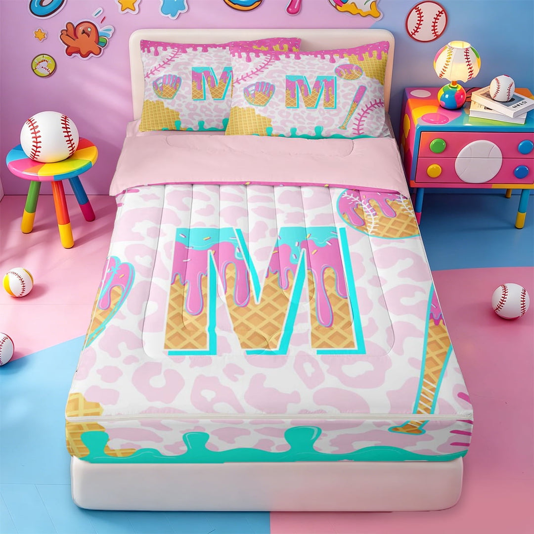 meiyoeat Cartoon Baseball Gloves Zipper Full Size Comforter Sets with Fitted Sheet and 2 Pillowcases For Girls,Ice Cream Monogram M Letter Zipper Bedding Set For Kids,Pink Reversible,4 Pieces