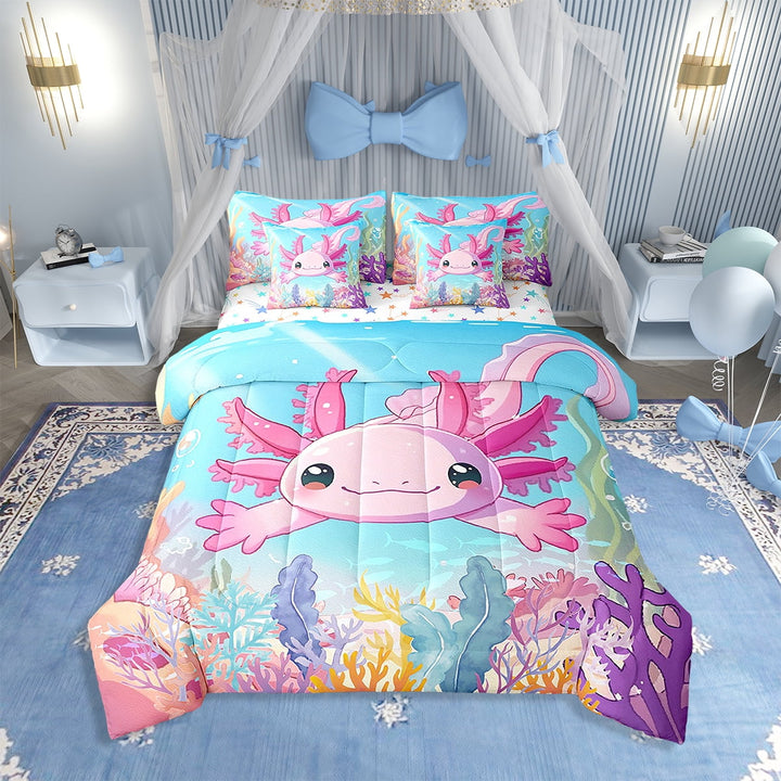 Erosebridal Cute Axolotl Comforter Set with Sheets Pink Axolotl Bed in a Bag Bedroom Bed Decor Beach Coastal Animal 7 Piece Bedding Set Twin Size Salamander Bed Set for All Season