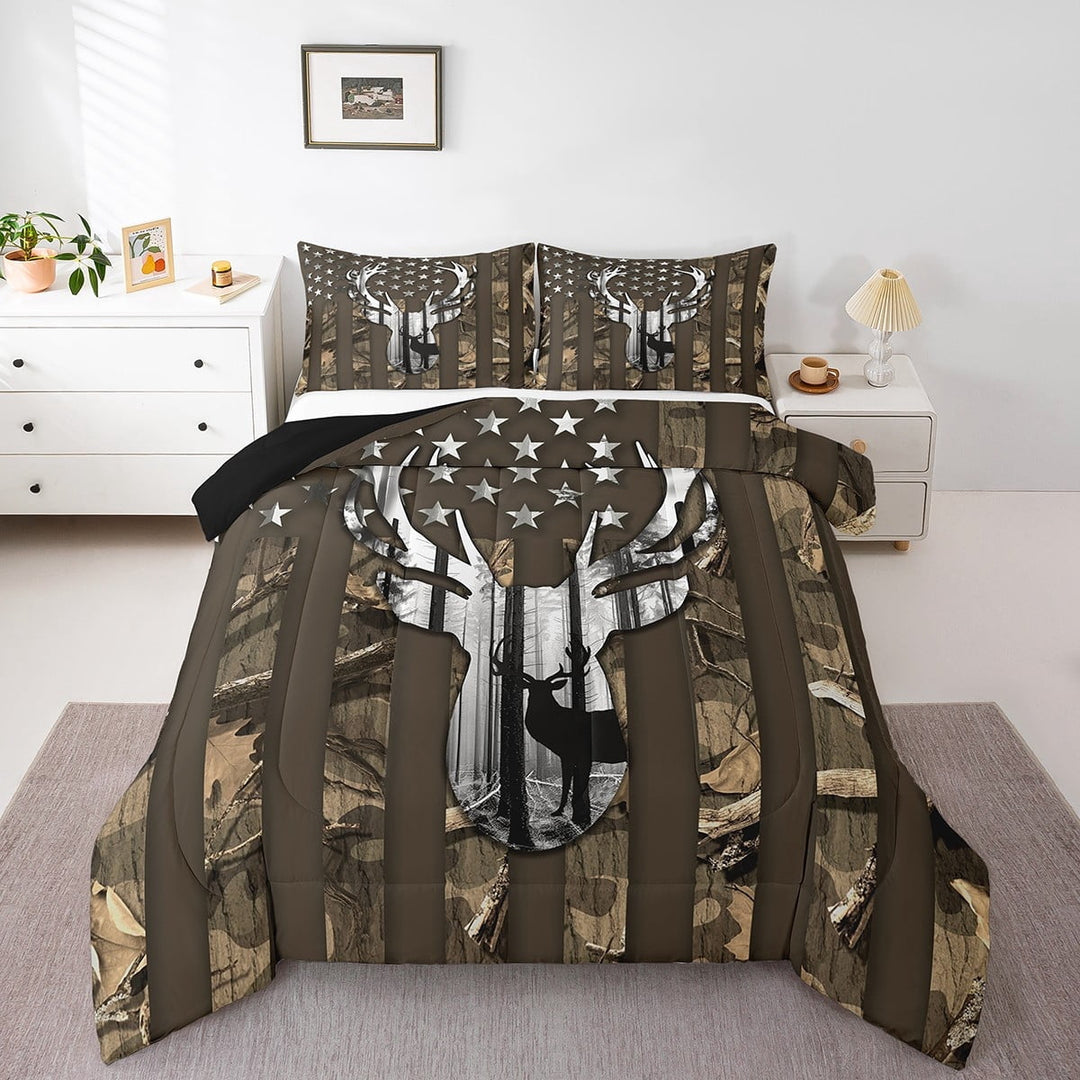 Camo American Flag Comforter Sets,Deer Antlers Brown Camouflage Bedding Flags for Room Teens,Animal Hunting Farm Branches Leaves Stars Stripes USA Flag Down Comforter