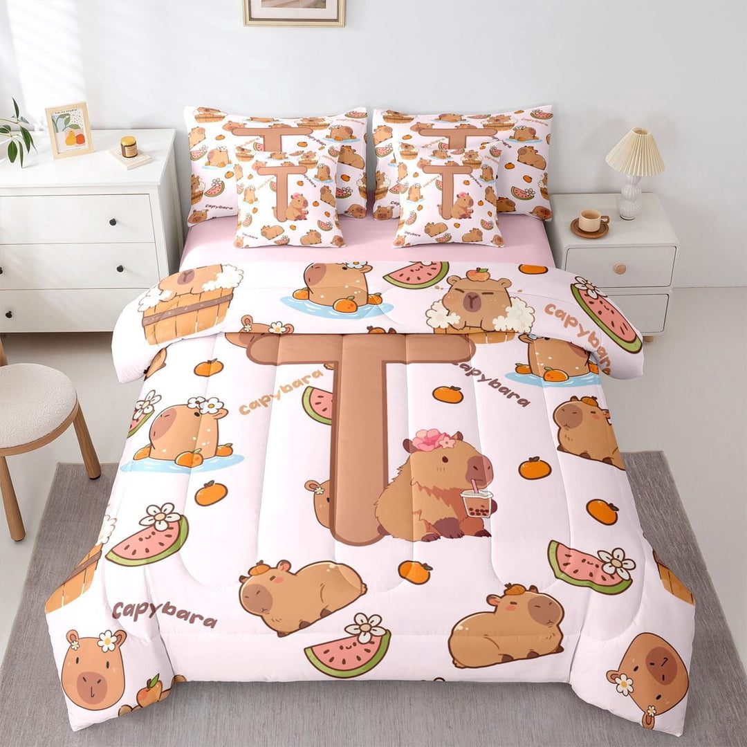 Erosebridal Girls Personalized Initial T Cute Capybara Twin Bedding Sets 7-Piece For Kids,Cartoon Fruit Orange Watermelon Flowers Bedding Comforter Set,Pink Reversible