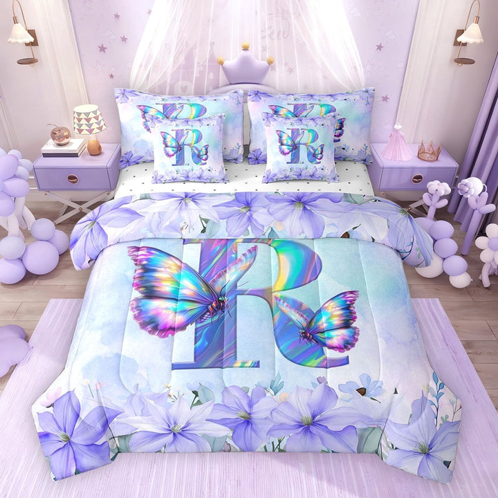 Erosebridal Purple Butterfly Twin Bedding Sets for Girls, Garden Flower Floral Bedding Comforter Set, R Letter, Reversible, 7-Piece