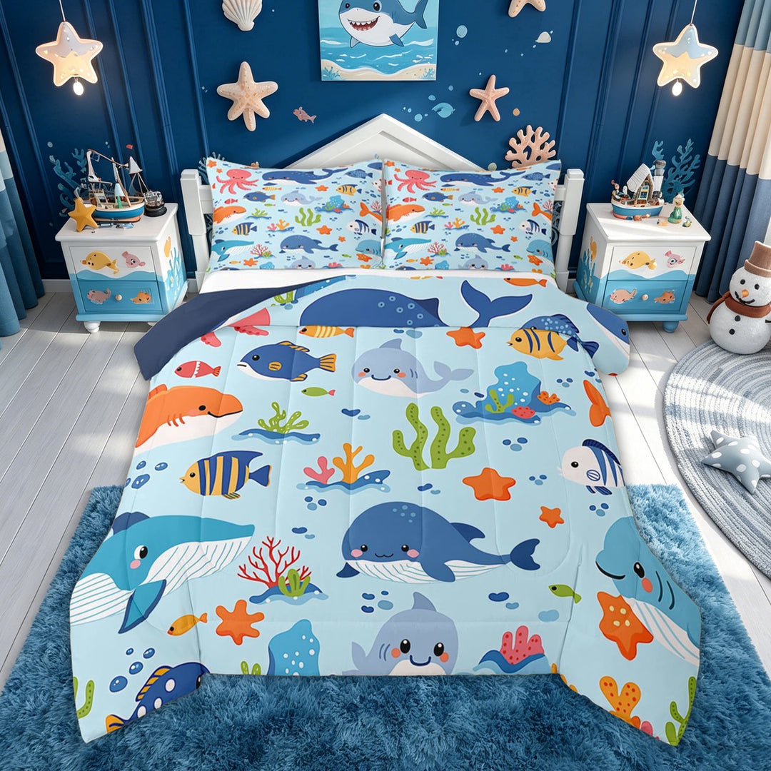 meiyoeat Kawaii Sea Whale Octopus Full Size Comforter Sets for Kids Boys Girls, Starfish Animal Bedding Comforter Set, Blue, Blue Reversible, 3pcs, 1 Comforter and 2 Pillowcases