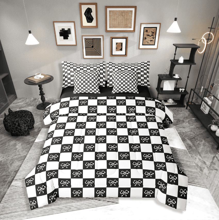 Erosebridal Teens Bow Bedding Sets Twin Size,Buffalo Plaid Comforter Sets with Sheets,Bow Tie Decor,Reversible,Breathable,7-Piece