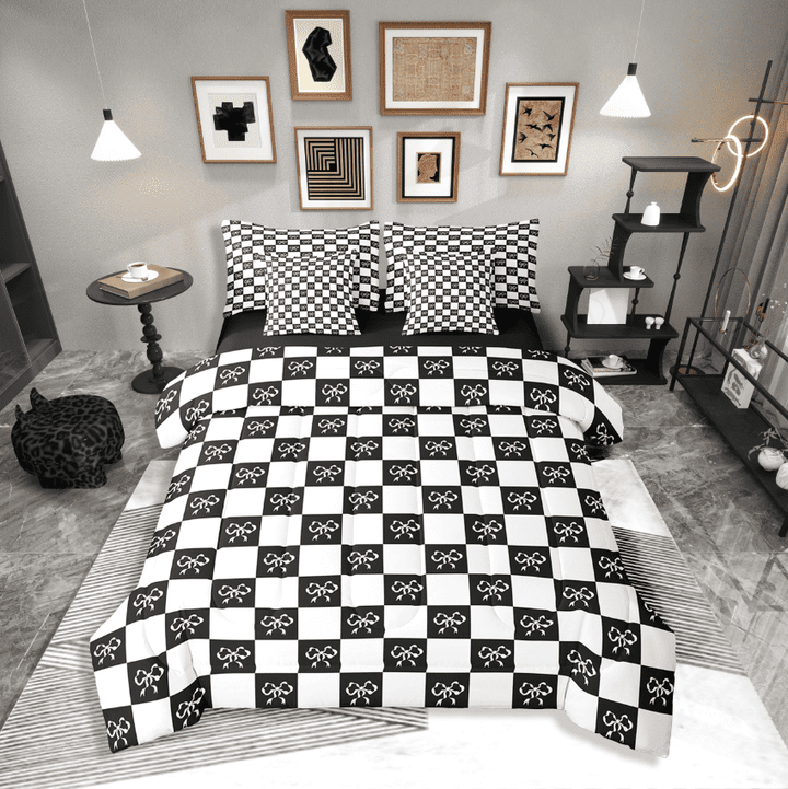 Erosebridal Teens Bow Bedding Sets Twin Size,Buffalo Plaid Comforter Sets with Sheets,Bow Tie Decor,Reversible,Breathable,7-Piece