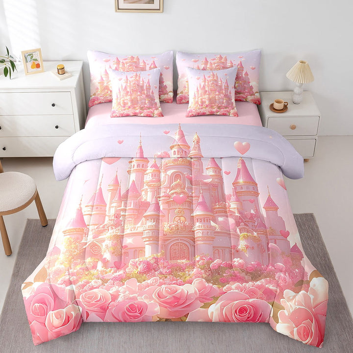 7 Piece Pink Floral Bedding Cute Castle Bed in a Bag for Girls Kids Kawaii Cartoon Castle Bedding Set with Comforter Princess Themed Decor Bed Set Pink Romantic Themed Sheet Set Twin Size