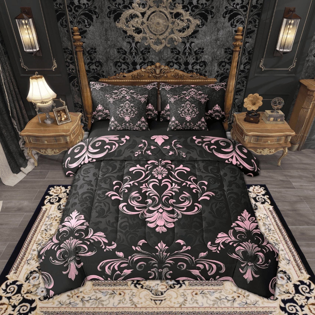 Manfei Bohemian Damask 7pcs Bedding Full Size, Black Pink Comforter Sets with Sheets, Victorian Flower Bed Set, Breathable Bedroom Decoration