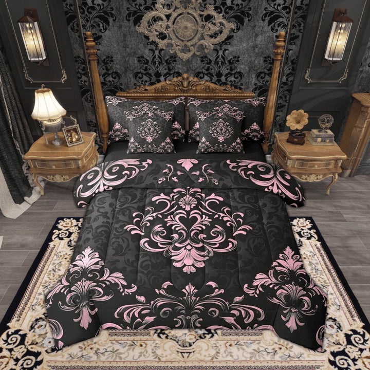 Manfei Bohemian Damask 7pcs Bedding Full Size, Black Pink Comforter Sets with Sheets, Victorian Flower Bed Set, Breathable Bedroom Decoration
