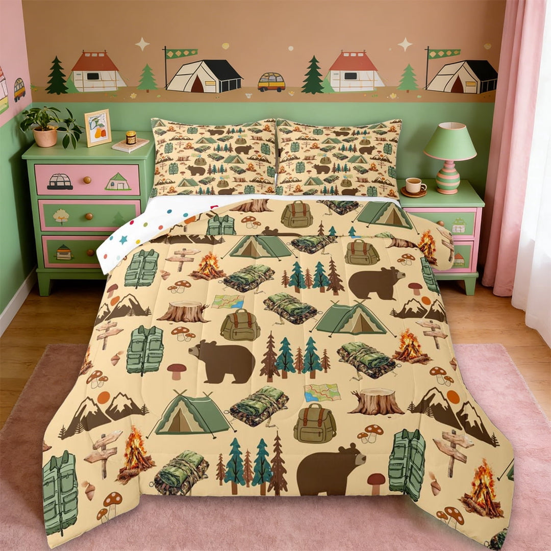 Erosebridal Kids Camping Themed Queen Comforter Set,Rustic Farmhouse Cabin Adventure Bedding Comforter Set For Boys,Reversible,3-Piece