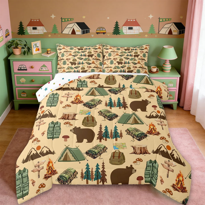 Erosebridal Kids Camping Themed Queen Comforter Set,Rustic Farmhouse Cabin Adventure Bedding Comforter Set For Boys,Reversible,3-Piece