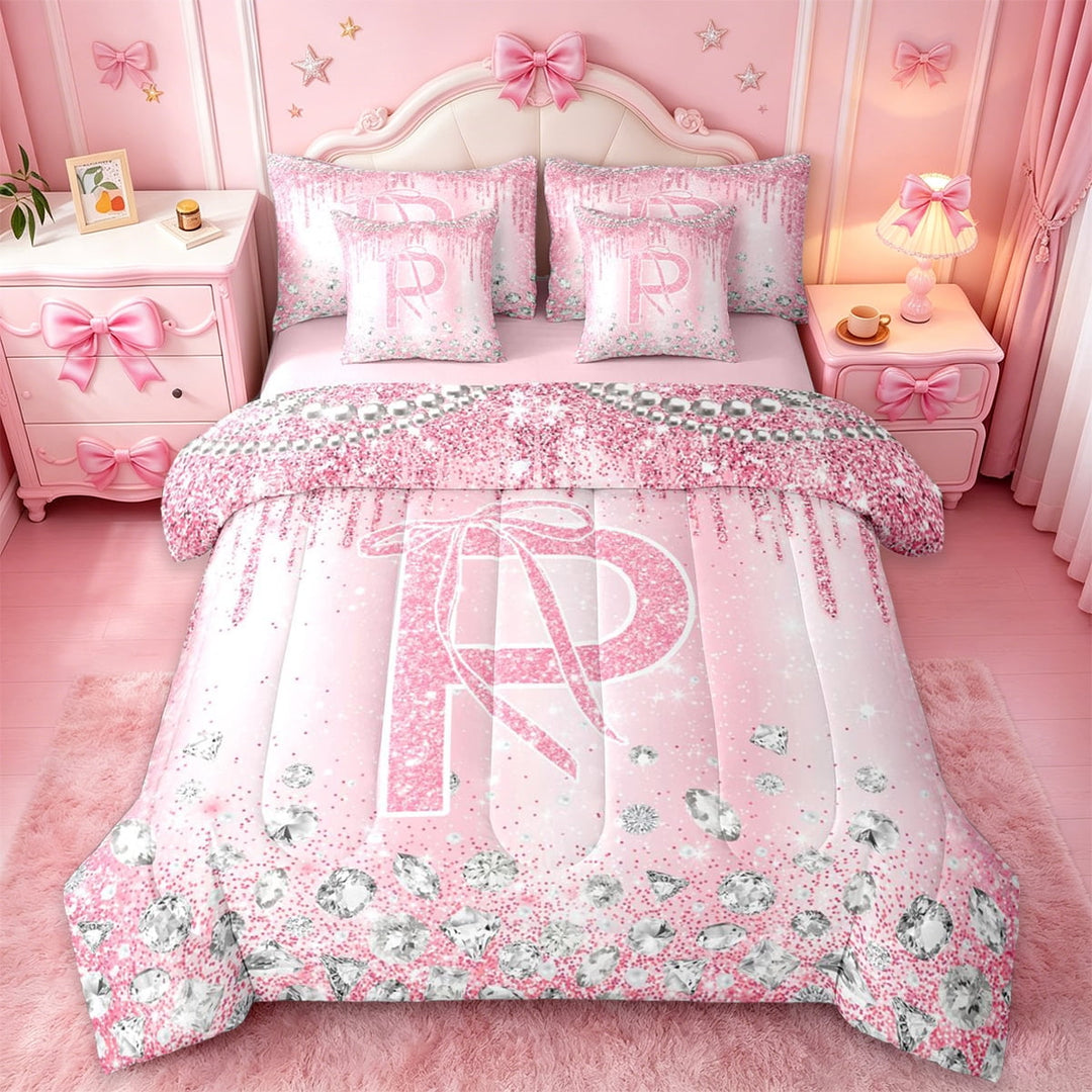 Homewish Monogrammed P Theme 7-Piece Twin Bedding Sets,Cartoon Stereoscopic Diamond Bedding Comforter Set,Pink Sparking Print Sheet Sets For Girl Teens,Ultra Soft Bedroom Decor Reversible