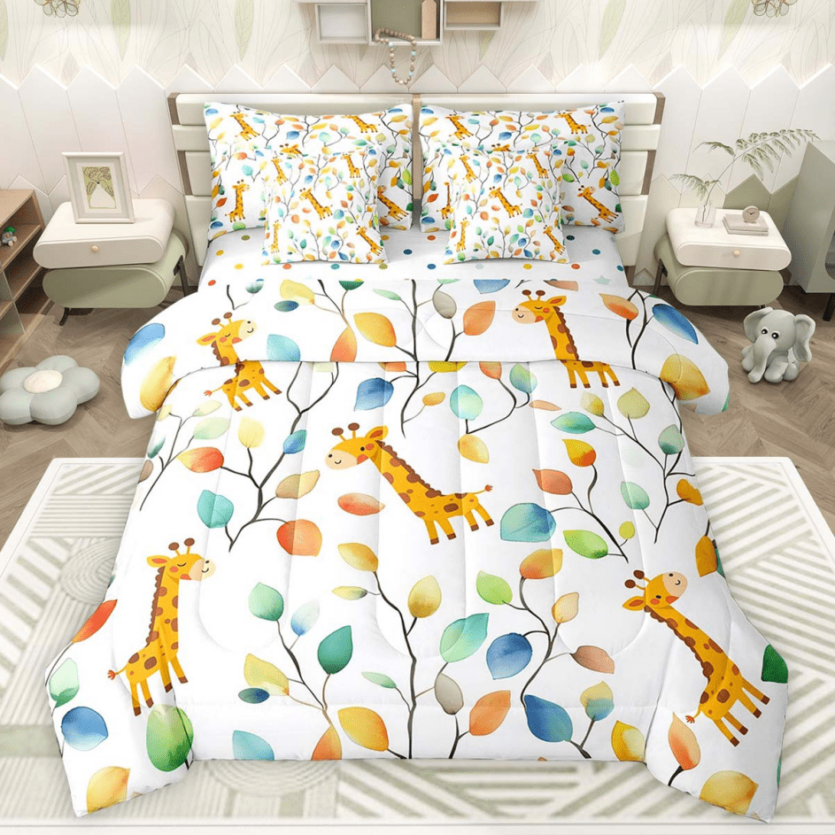 Erosebridal Cute Giraffe Bed in a Bag 7 Pieces Hippie Floral Bedding Set, Chic Flower Twin Size Comforter Set Watercolor Leaves Bedding Comforter Sets, Woodland Wildlife Bed Set