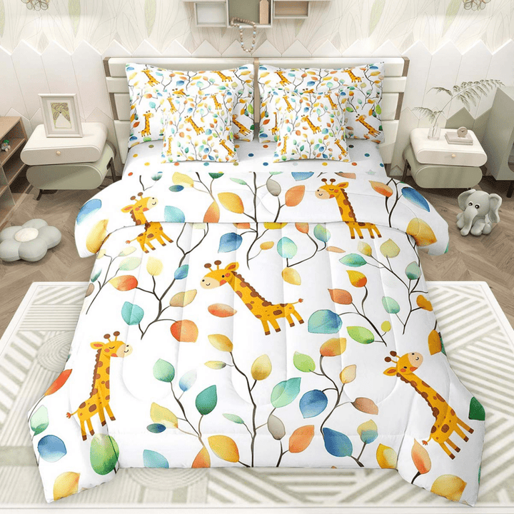 Erosebridal Cute Giraffe Bed in a Bag 7 Pieces Hippie Floral Bedding Set, Chic Flower Twin Size Comforter Set Watercolor Leaves Bedding Comforter Sets, Woodland Wildlife Bed Set