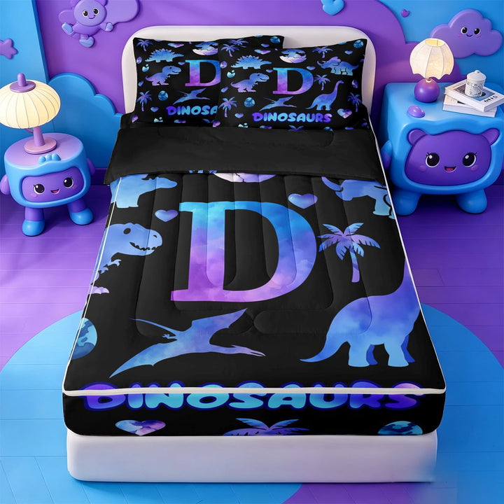 meiyoeat Animal Themed Monogram D Zipper Full Size Comforter Sets with Fitted Sheet and 2 Pillowcases For Boys,Ancient Wildlife Dinosaur Zipper Bedding Set,Black Reversible,4 Pieces