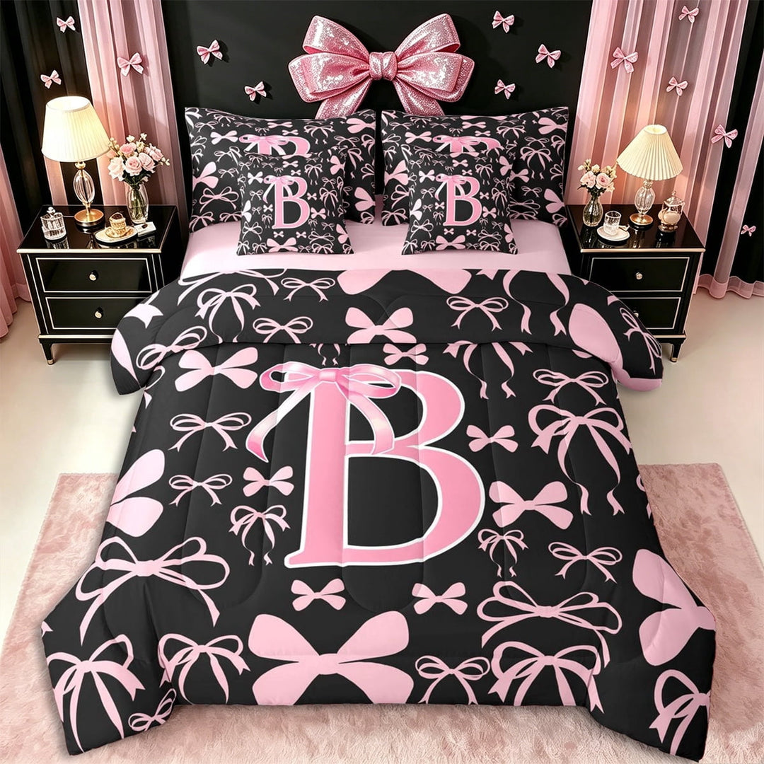 Erosebridal Pink Personalized Initial B Twin Bedding Sets 7-Piece,Cartoon Dreamy Bow Knot Bedding Comforter Set,Pink Reversible,Lightweight Room Decor