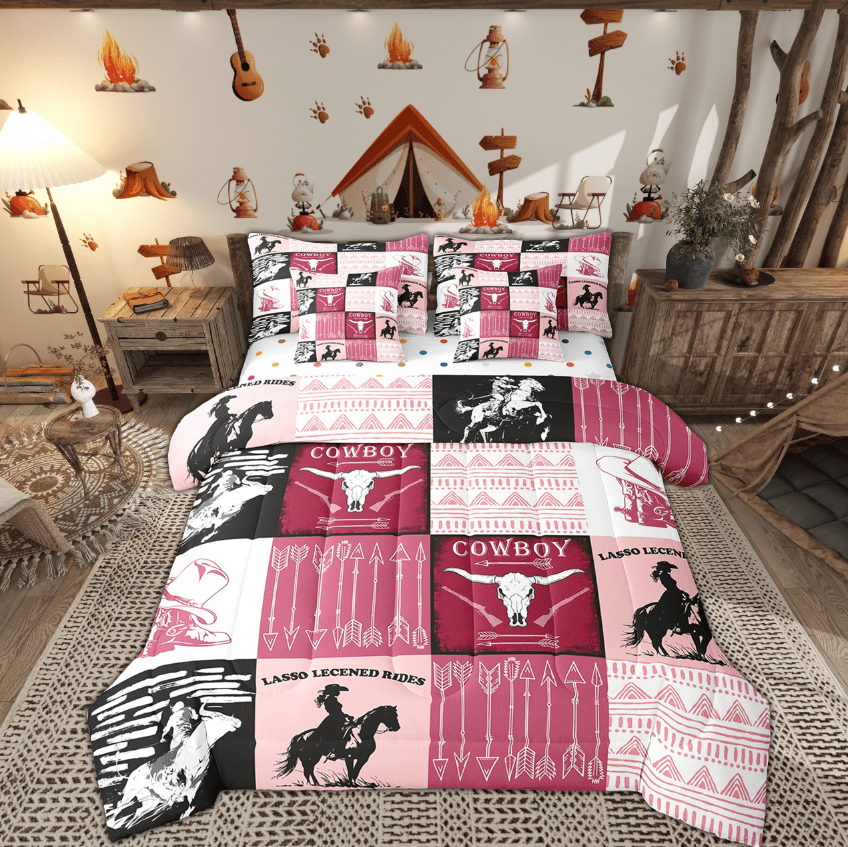 Country Western Bedding Sets Queen,Tribe Geometry Aztec Bed in a Bag Queen Comforter Set 7 Piece,Cowboy Horse Sheet Set with Comforter,Gothic Bull Skull Cowgirl Southwestern Decor,Black Pink