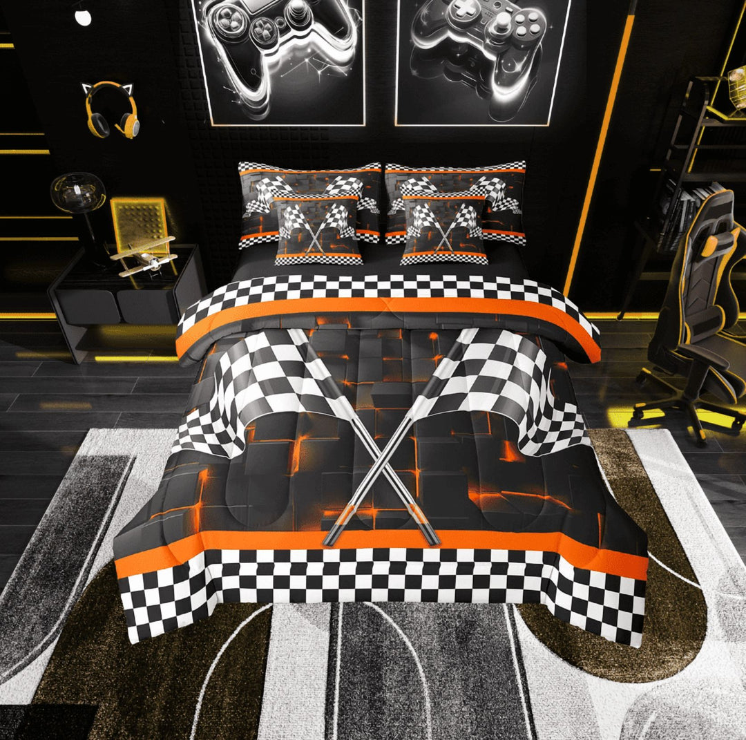 Erosebridal Checkered Flag Bed in a Bag Twin size, Neon Square Bed Set, Sports Car Decor, Reversible 7-Piece