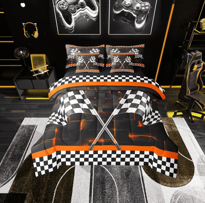 Erosebridal Checkered Flag Bed in a Bag Twin size, Neon Square Bed Set, Sports Car Decor, Reversible 7-Piece