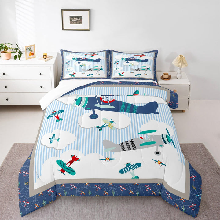 YST Kids Airplane Full Size Comforter Set Blue Sky and White Clouds Bedding Set for Kids Adults Teens Aviation Aircraft Comforter Luxury Modern Airplane Quilt Set Room Decor