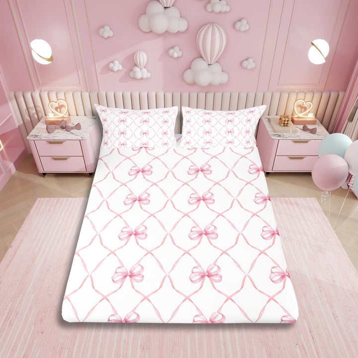 Pink Bowknot Bed Sheets Set Queen Bow Knot Sheet Set Butterfly Knot Bow Tie Sheets Aesthetic Coquette Bedroom Decor Geometric Cartoon Flat Fitted Sheet